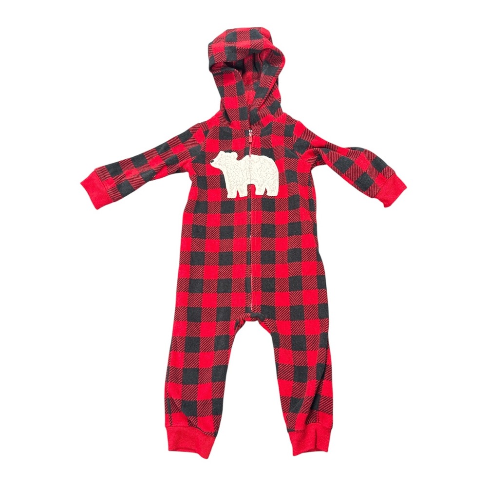 Carters Just One You Baby 12M Red Black Buffalo Plaid Fleece Hooded Sleeper Bear